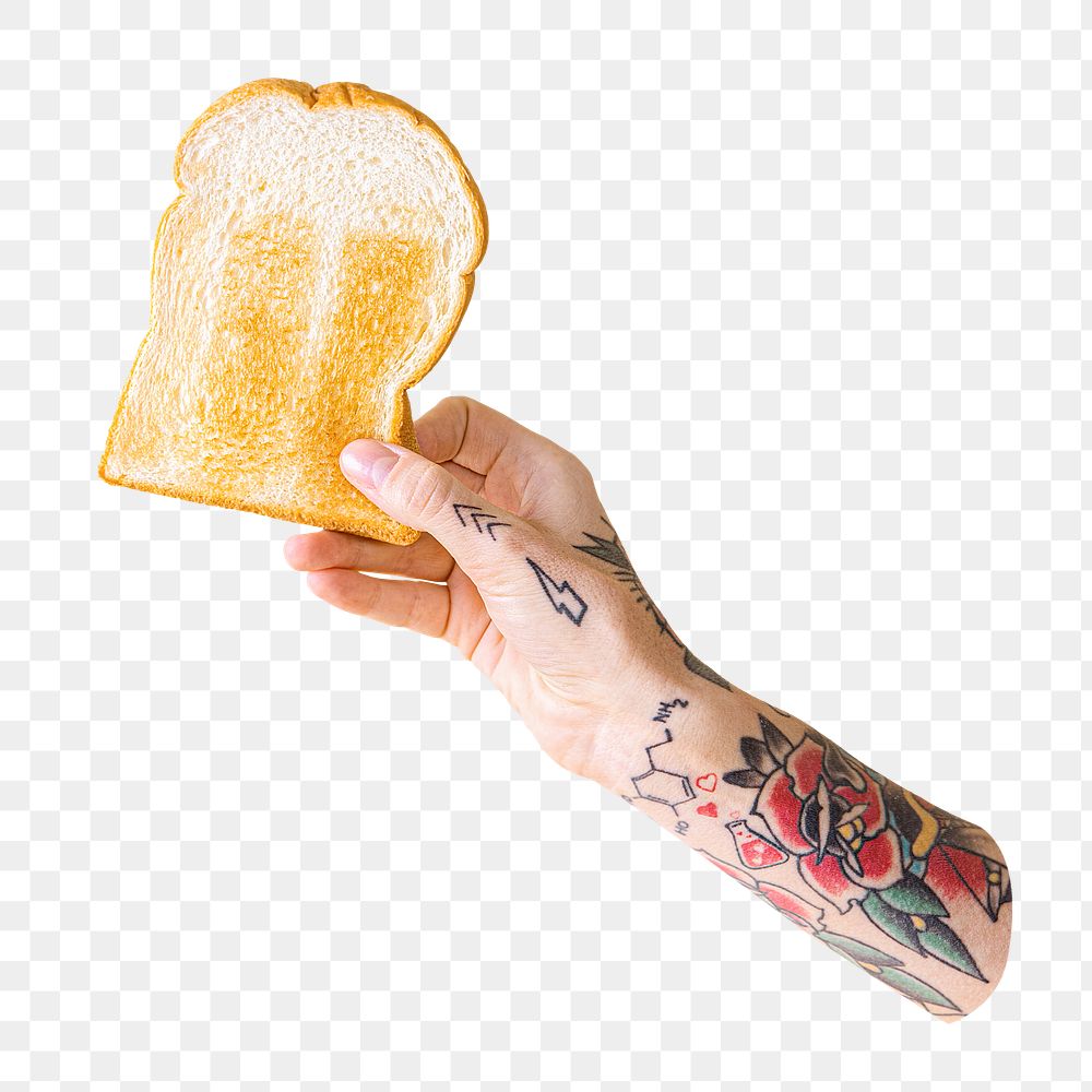 PNG tattooed hand holding toasted bread in transparent background