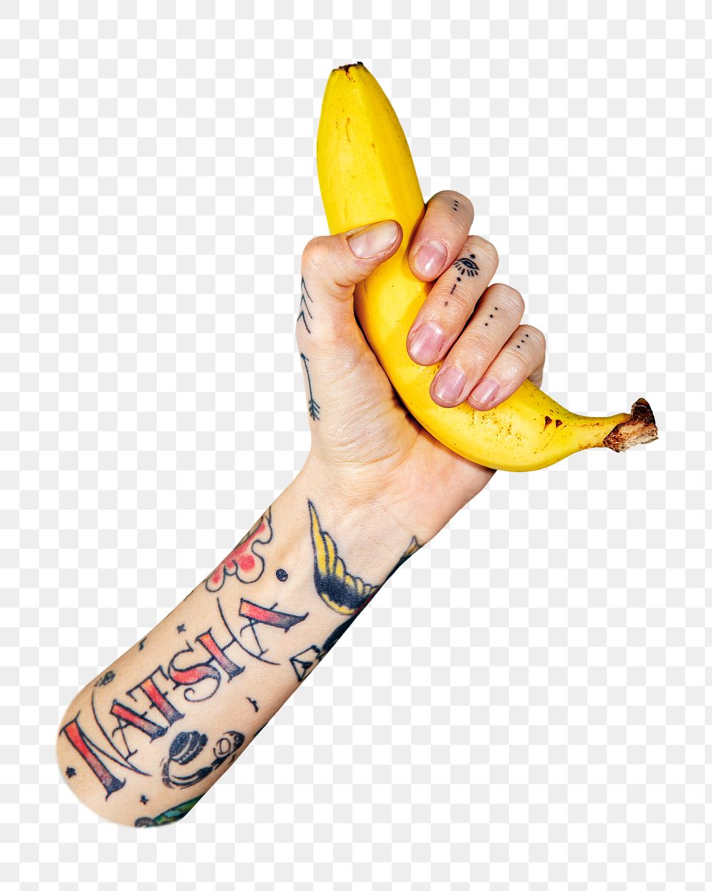 Tattooed hand png holding banana in transparent background