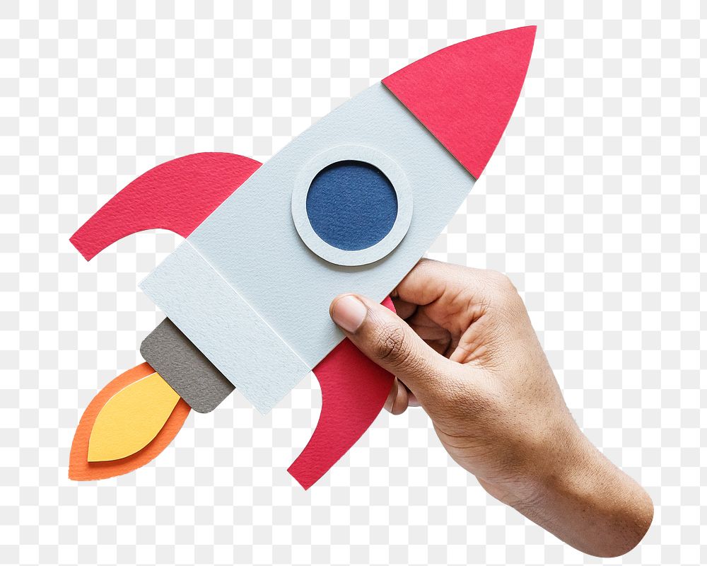 Hand holding rocket png sticker, transparent background