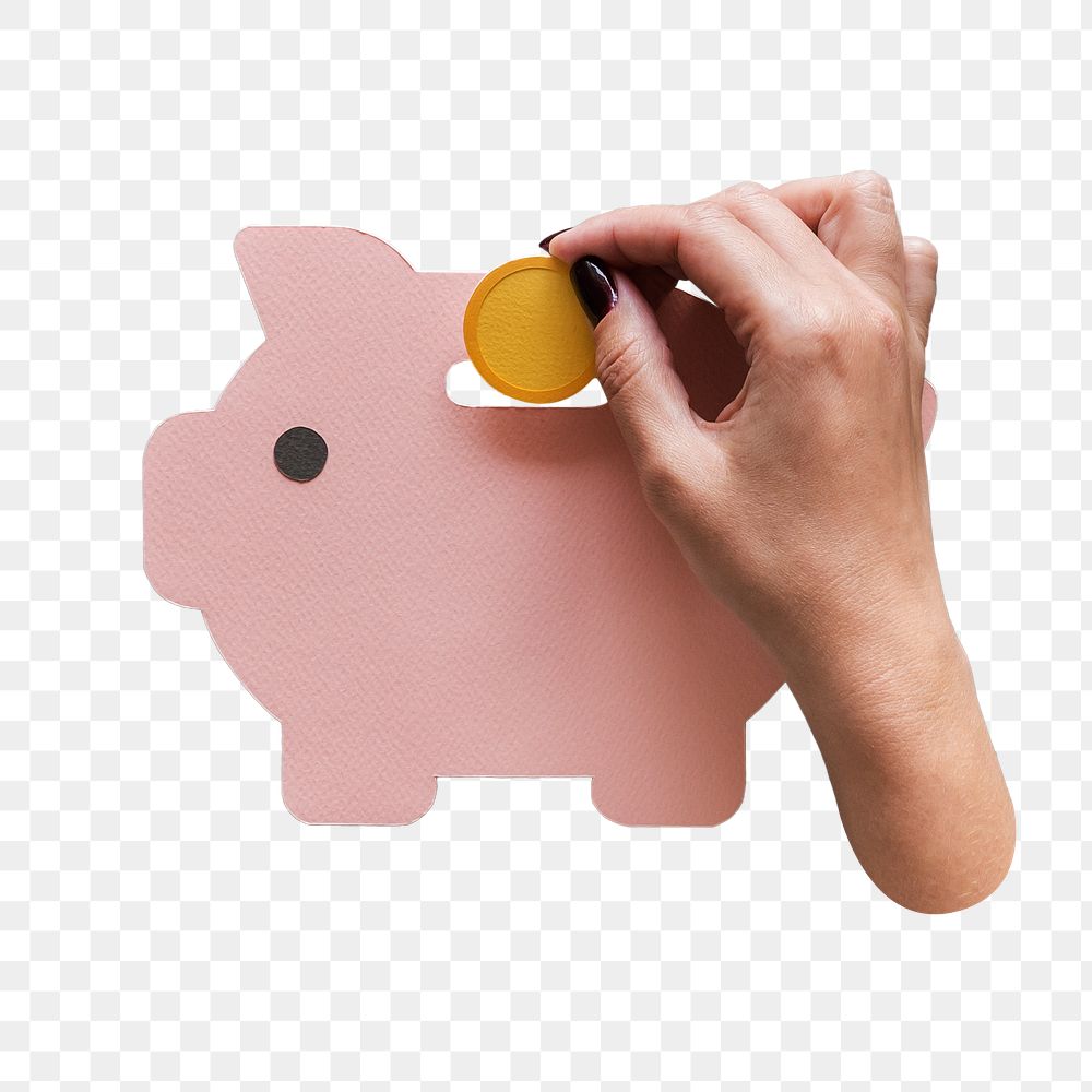 Hand lodging coin png into piggy bank sticker, transparent background