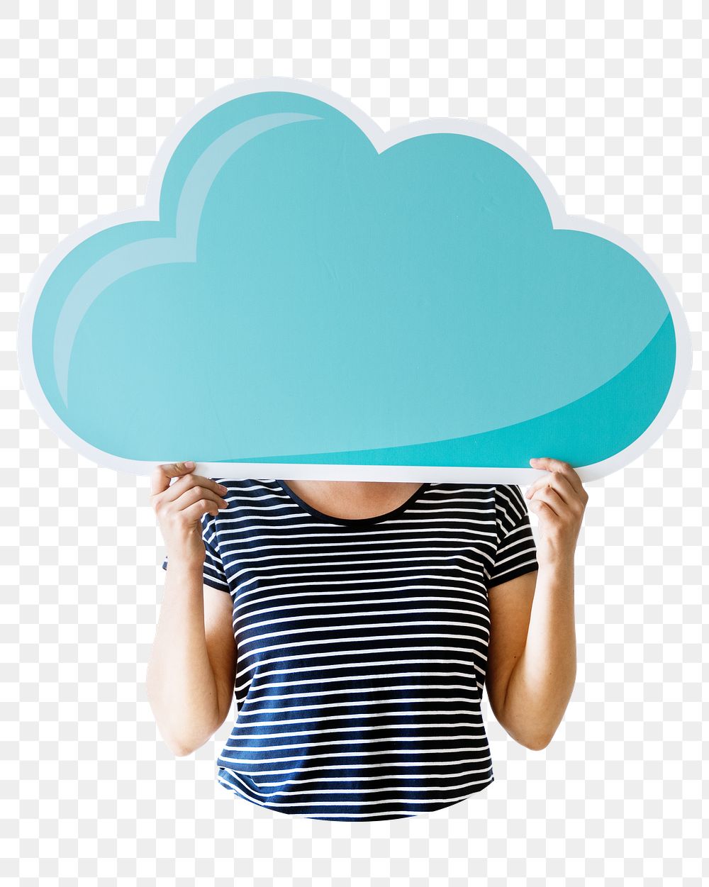 Woman holding cloud png sticker, transparent background