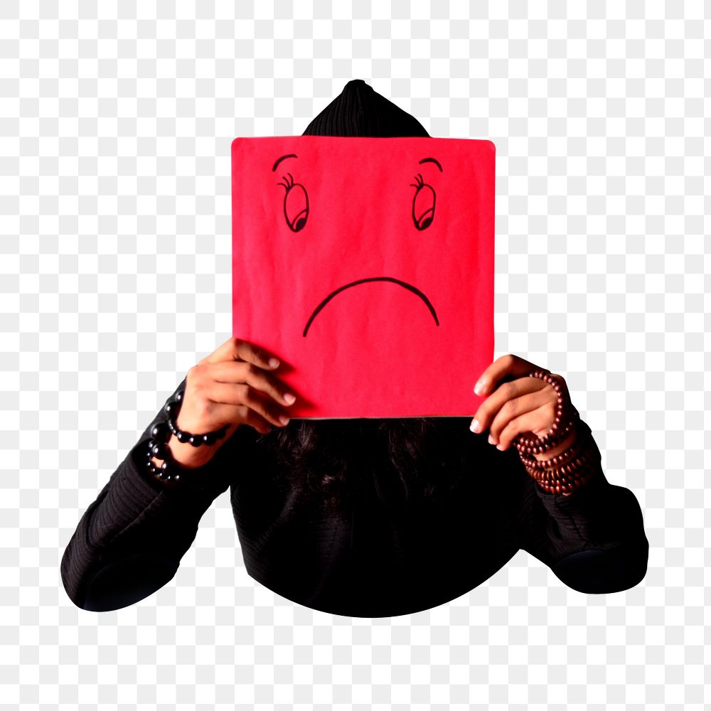 Man holding sad face sign png sticker, transparent background