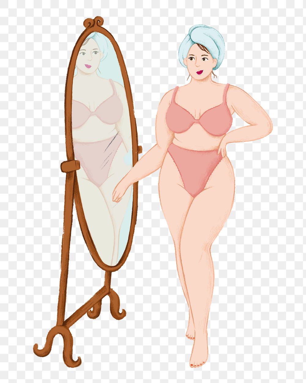 Woman png looking at mirror sticker, self-love illustration, transparent background