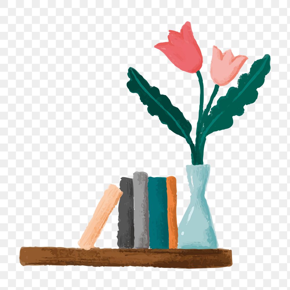 Book shelf png flower vase sticker, transparent background