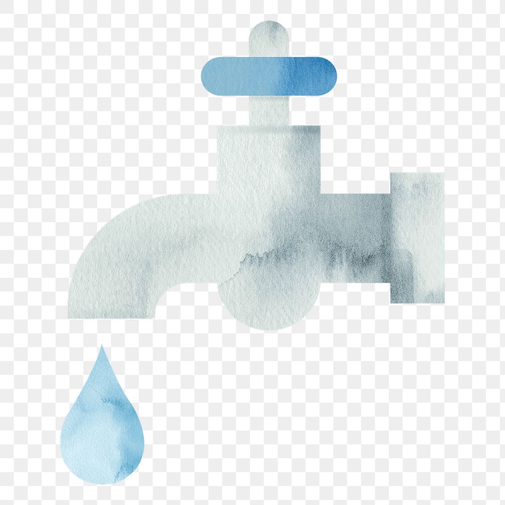 Water conservation png faucet sticker, watercolor graphic, transparent background