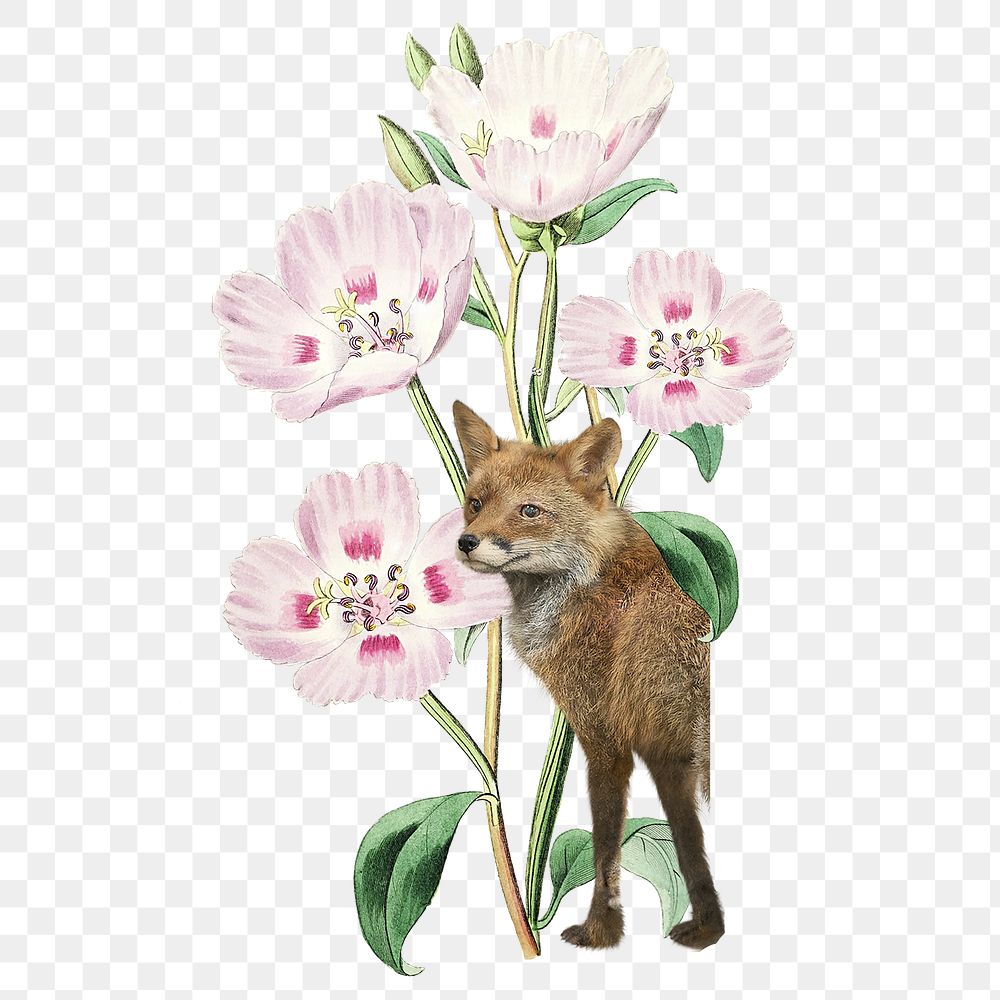 Floral fox png sticker, animal & nature remix, transparent background