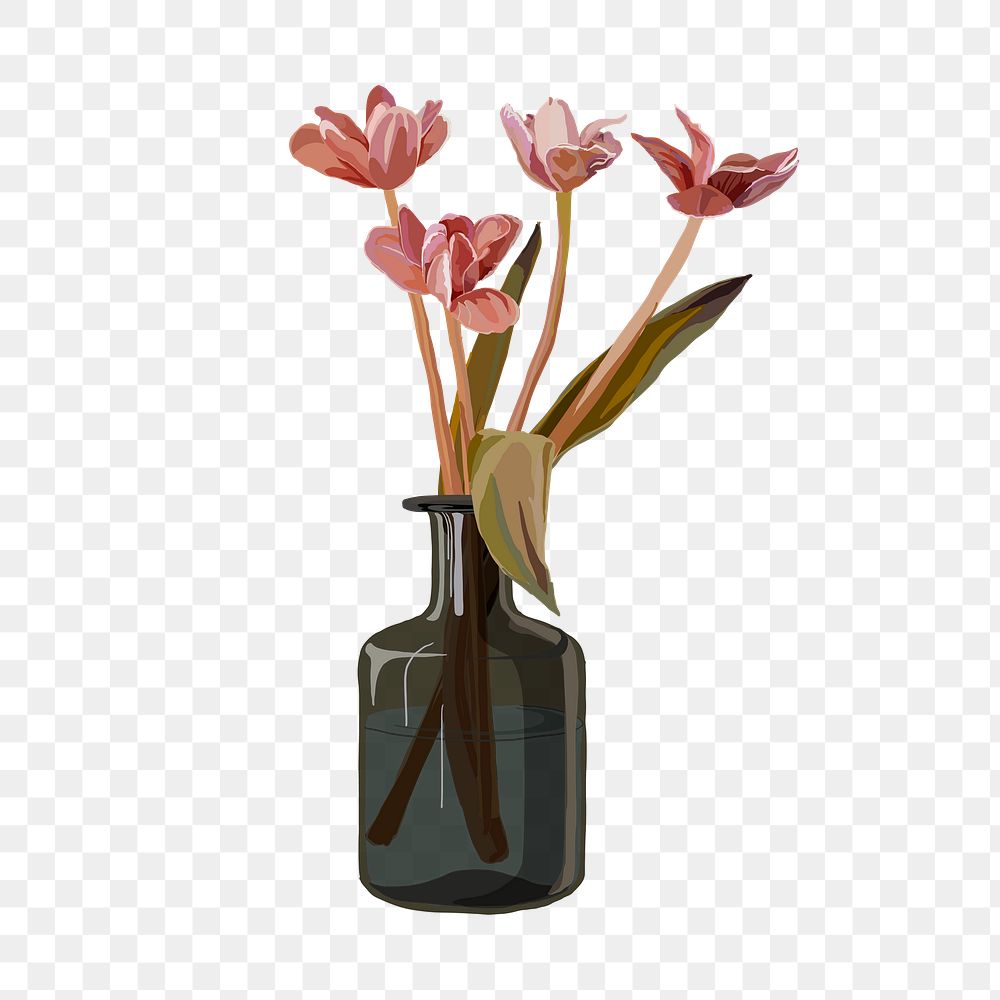 Png aesthetic flower vase sticker, botanical design, transparent background
