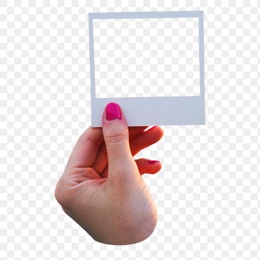 Png hand holding instant photo frame sticker isolated image, transparent background