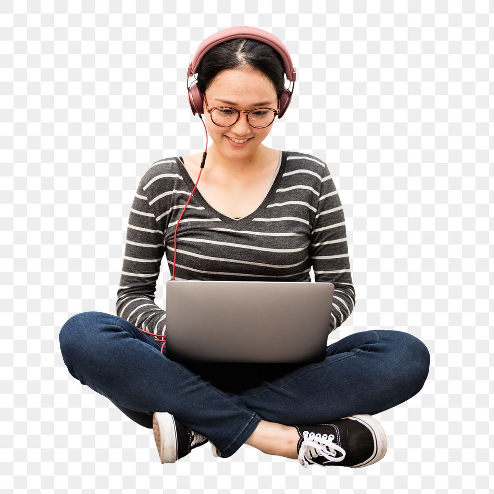 Png woman listening to music on laptop sticker isolated image, transparent background