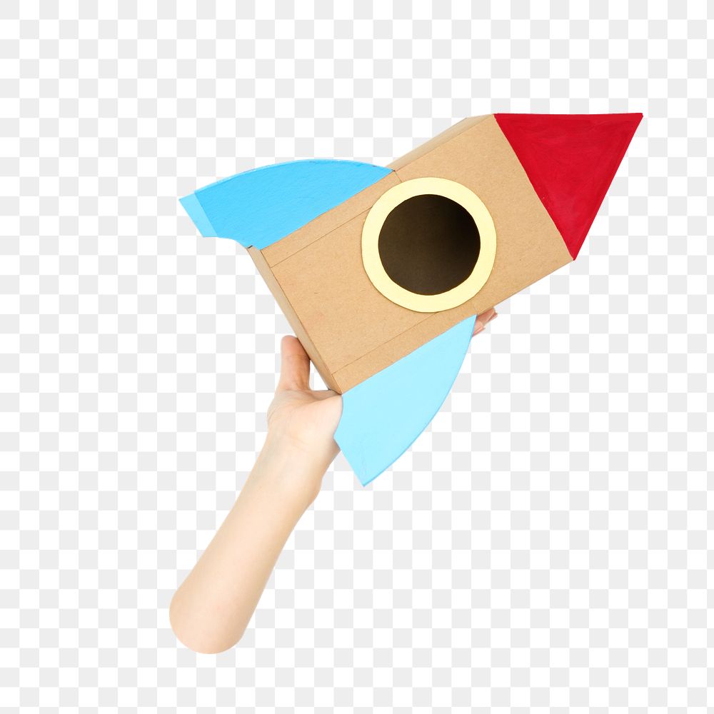 Hand holding rocket png sticker, transparent background