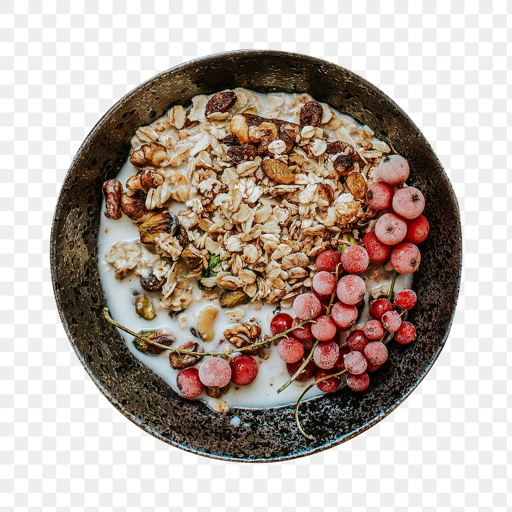 Granola png sticker, soy milk and red currants, transparent background