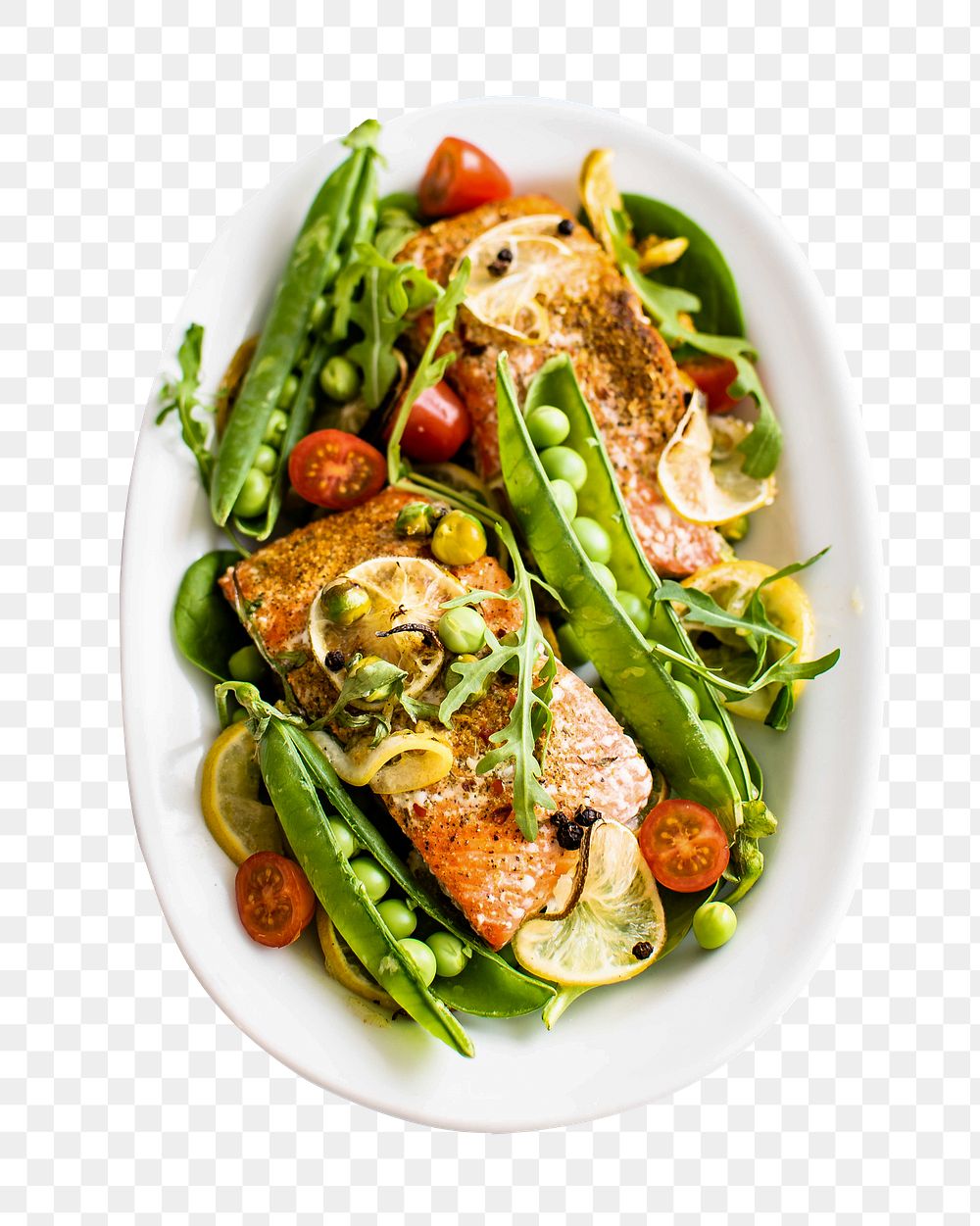 Grilled salmon with peas png sticker, food isolated image, transparent background