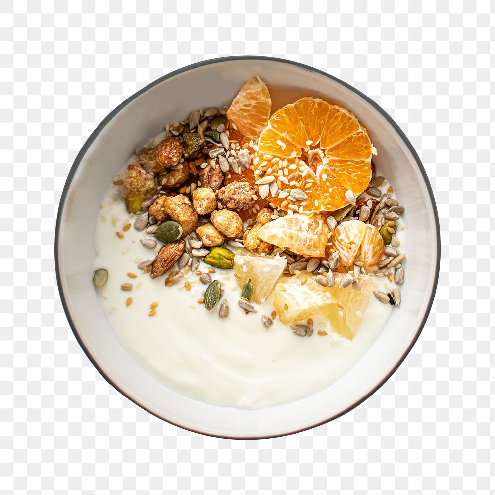 Citrus yogurt png sticker, caramelized nuts, transparent background