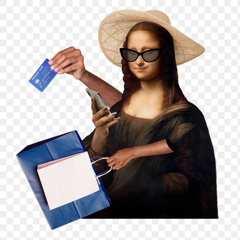 Png Mona Lisa shopping sticker, Leonardo da Vinci's artwork mixed media transparent background. Remixed by rawpixel.