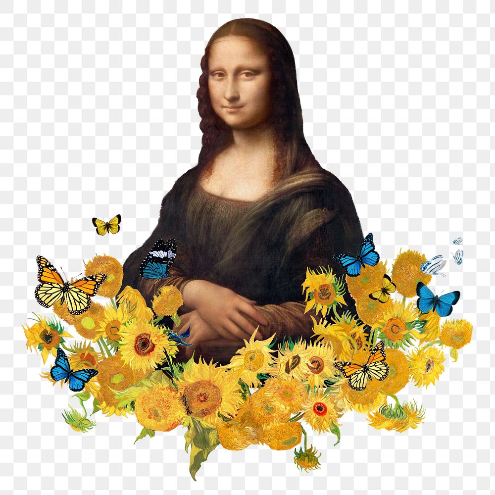 Mona Lisa png sunflower sticker, Leonardo da Vinci's artwork mixed media transparent background. Remixed by rawpixel.