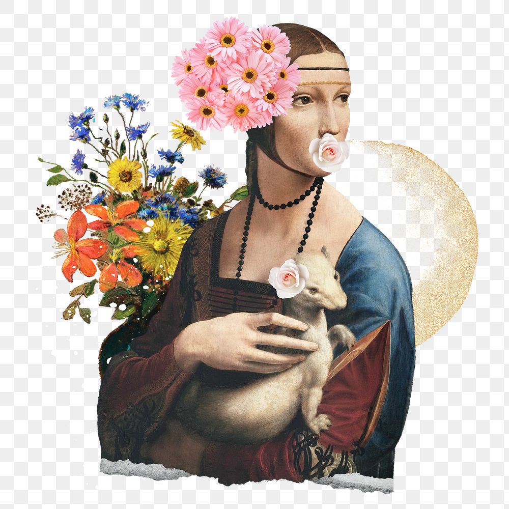 Png Lady with an ermine sticker, Leonardo da Vinci's artwork mixed media transparent background. Remixed by rawpixel.