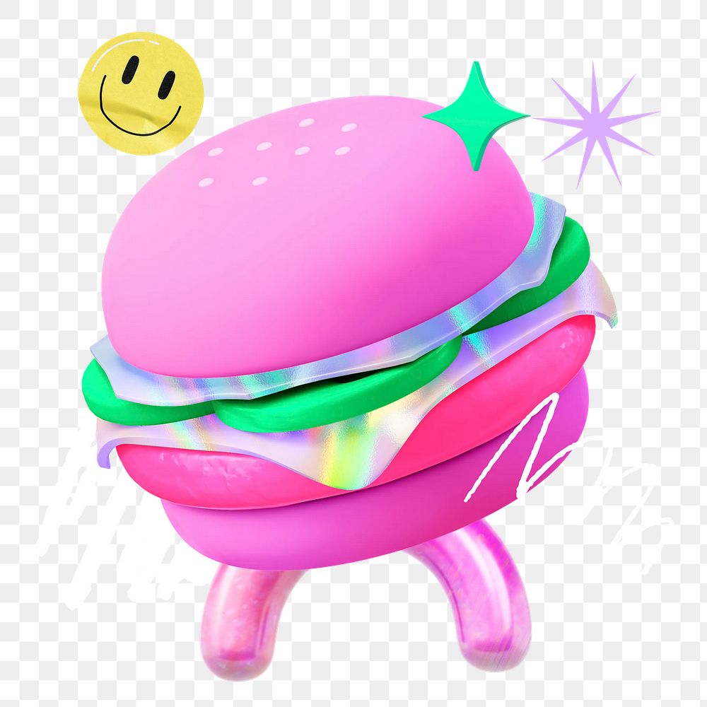 3D burger png sticker, mixed media transparent background