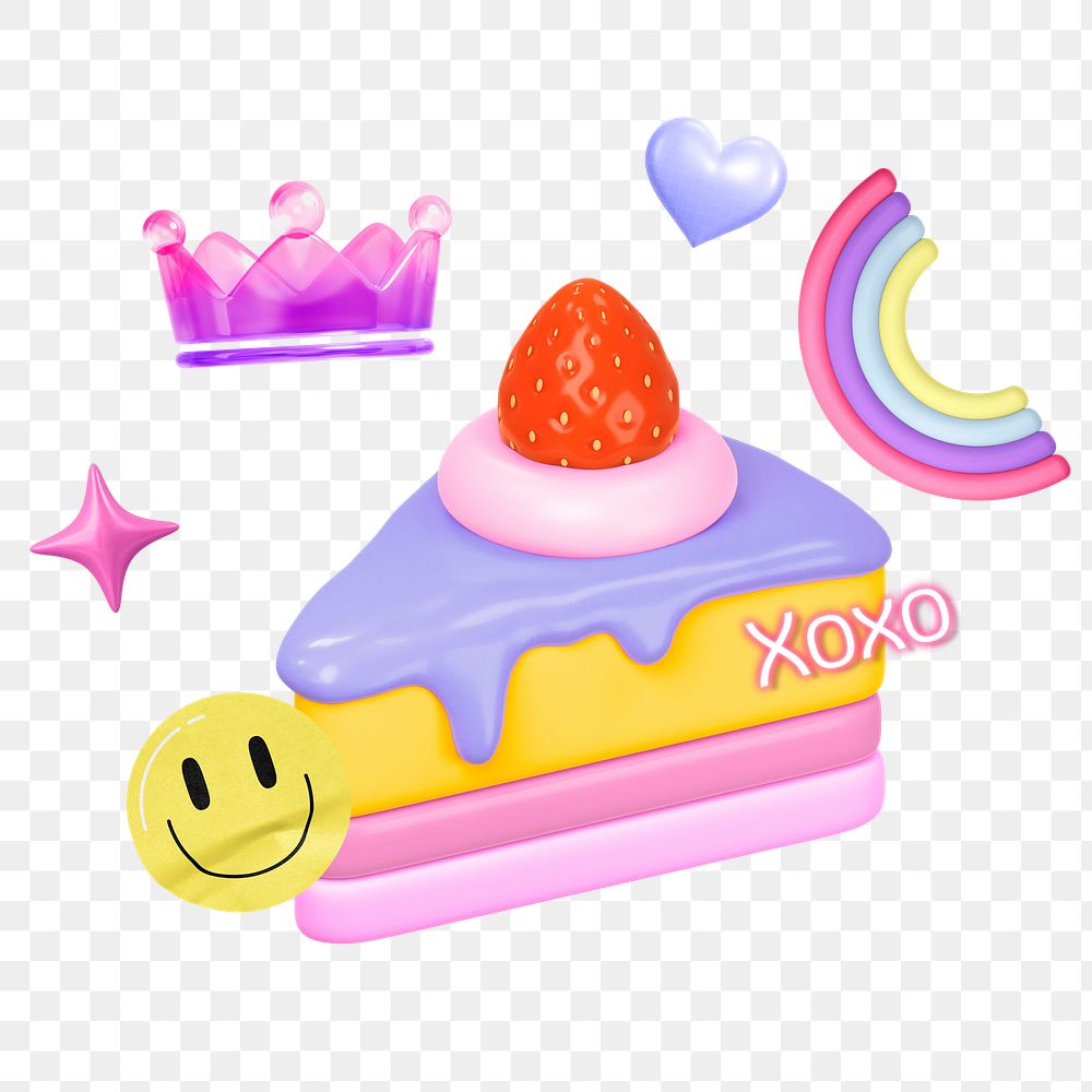 3D strawberry cake png sticker, mixed media transparent background