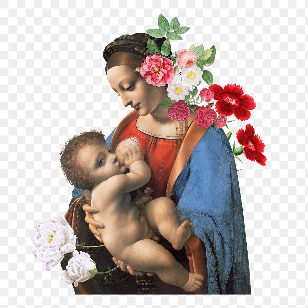 Mother and child png sticker, Leonardo da Vinci's artwork mixed media transparent background. Remixed by rawpixel.