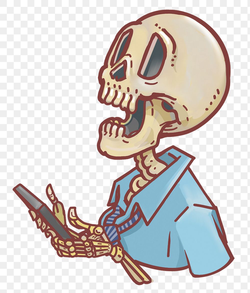 Skeleton holding smartphone png sticker, transparent background