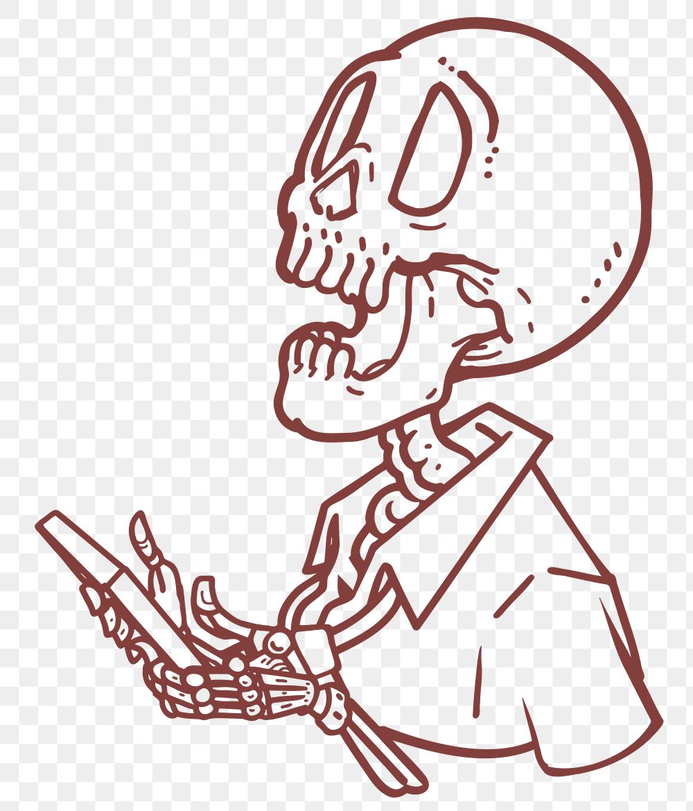 Skeleton holding smartphone png sticker, transparent background