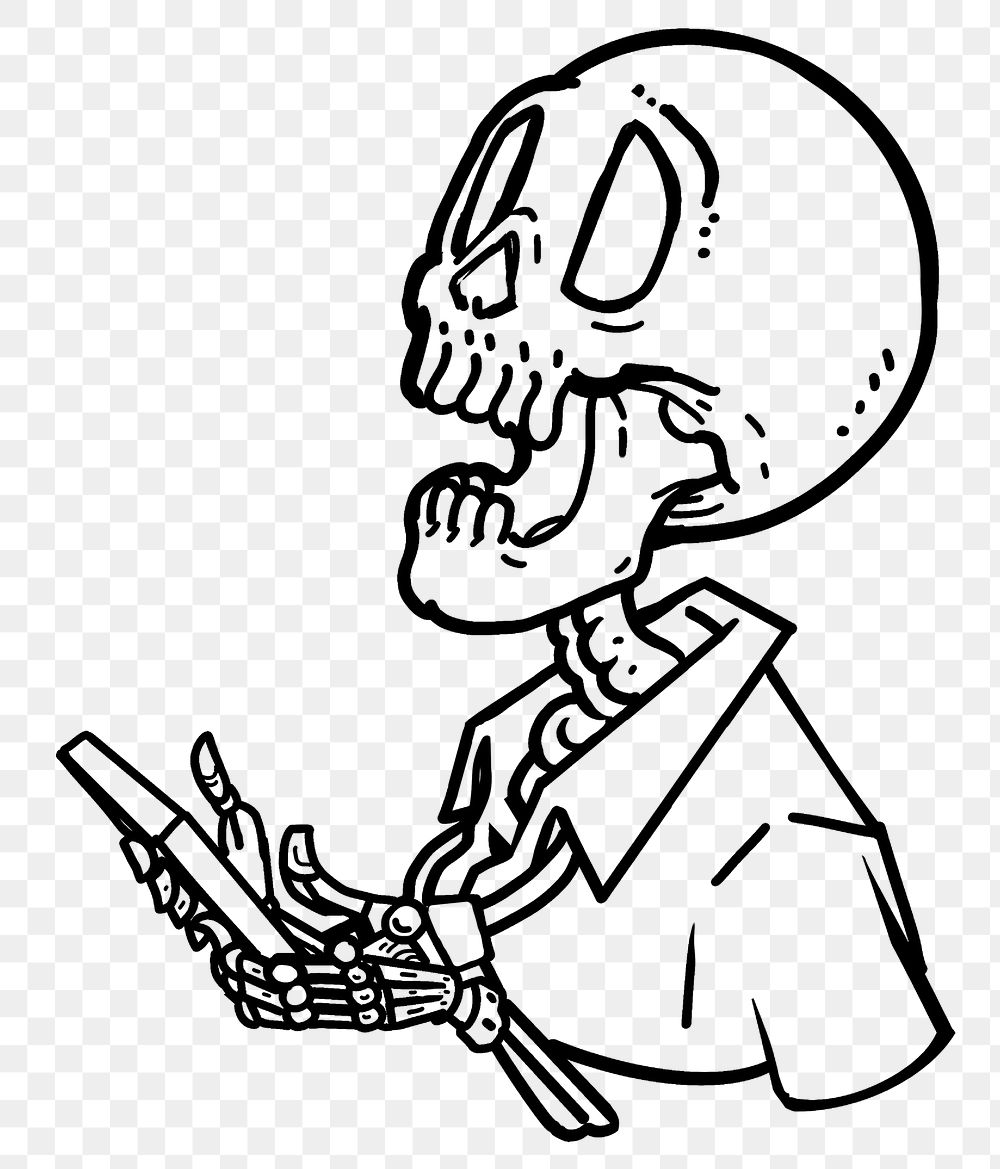 Skeleton holding smartphone png sticker, transparent background