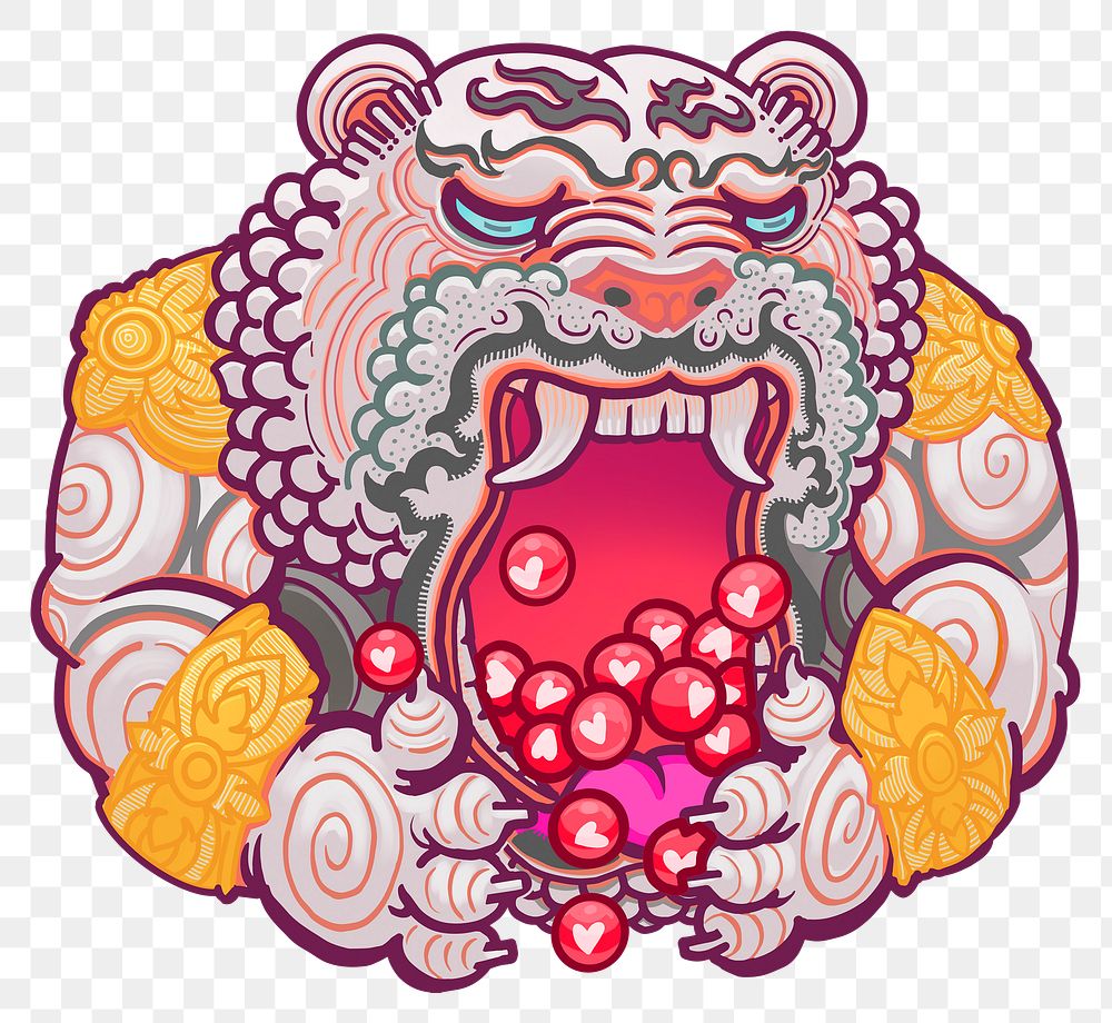 Chinese tiger png sticker, eating heart icons, transparent background