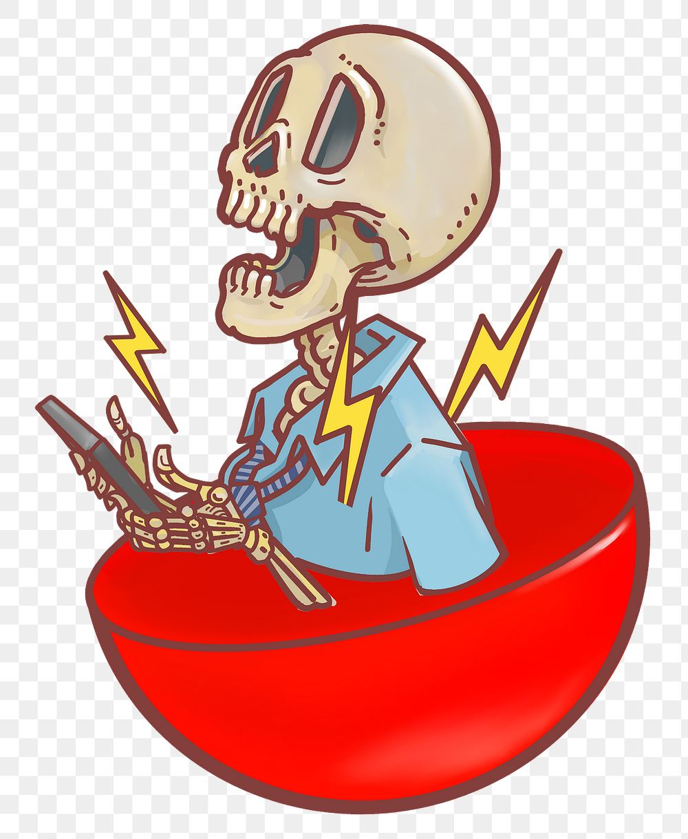 Skeleton holding smartphone png sticker, social media addiction, transparent background