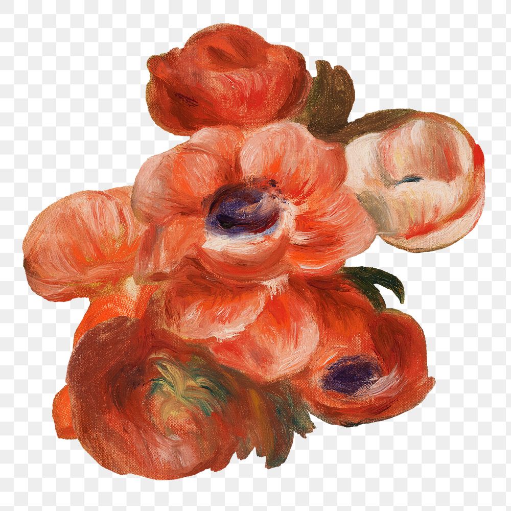 Anemones flower png Pierre-Auguste Renoir famous artwork sticker, transparent background, remixed by rawpixel