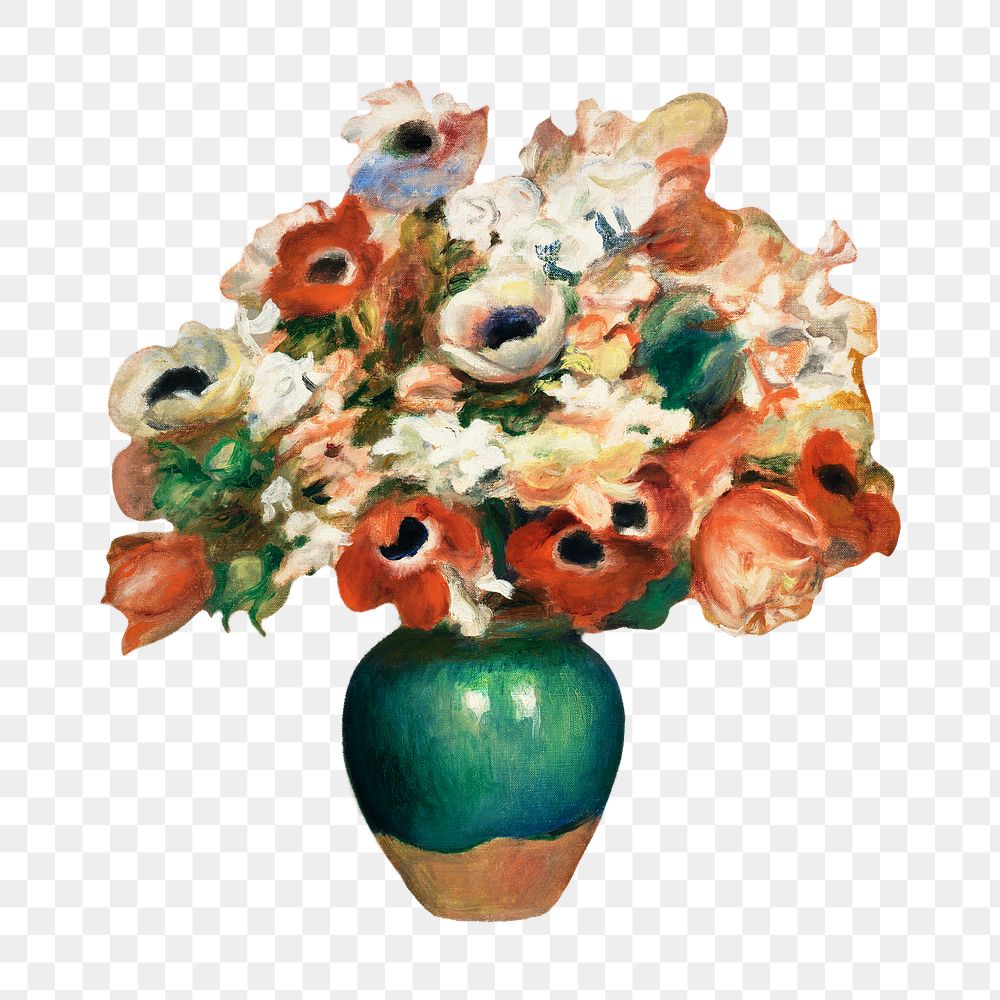 Flowers vase png Pierre-Auguste Renoir famous artwork sticker, transparent background, remixed by rawpixel