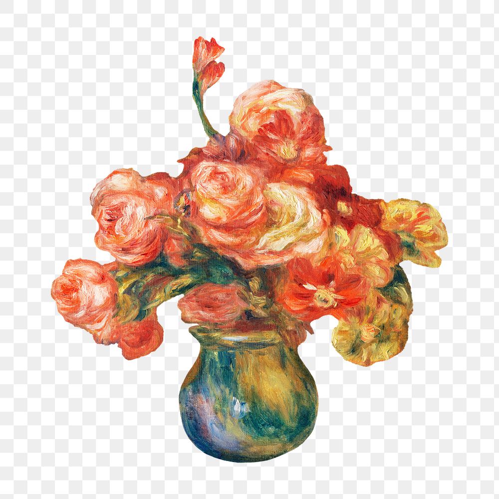 Vase of Roses png Pierre-Auguste Renoir famous artwork sticker, transparent background, remixed by rawpixel