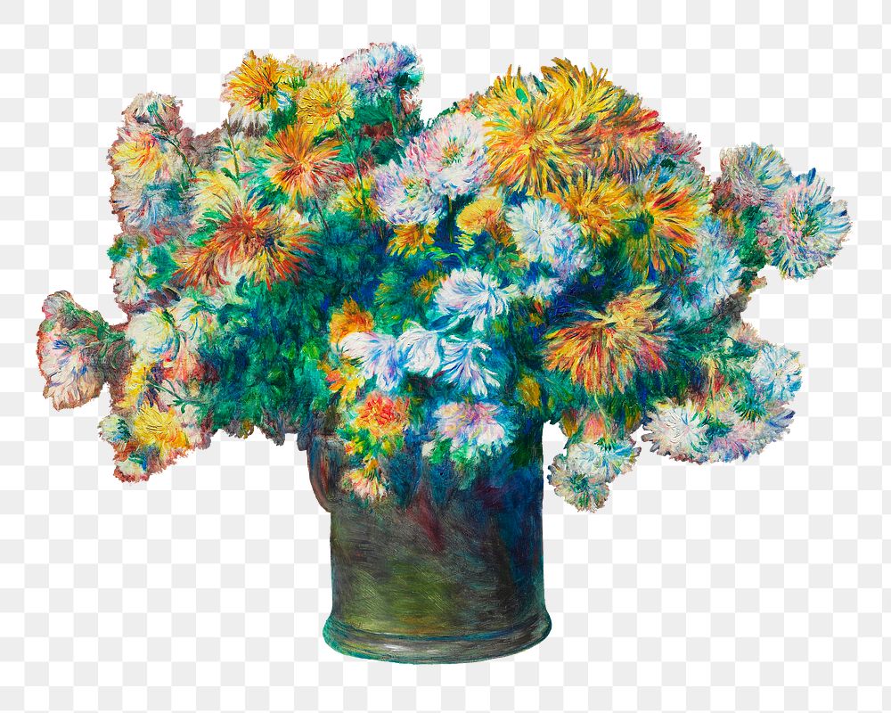 Chrysanthemums vase png Pierre-Auguste Renoir famous artwork sticker, transparent background, remixed by rawpixel