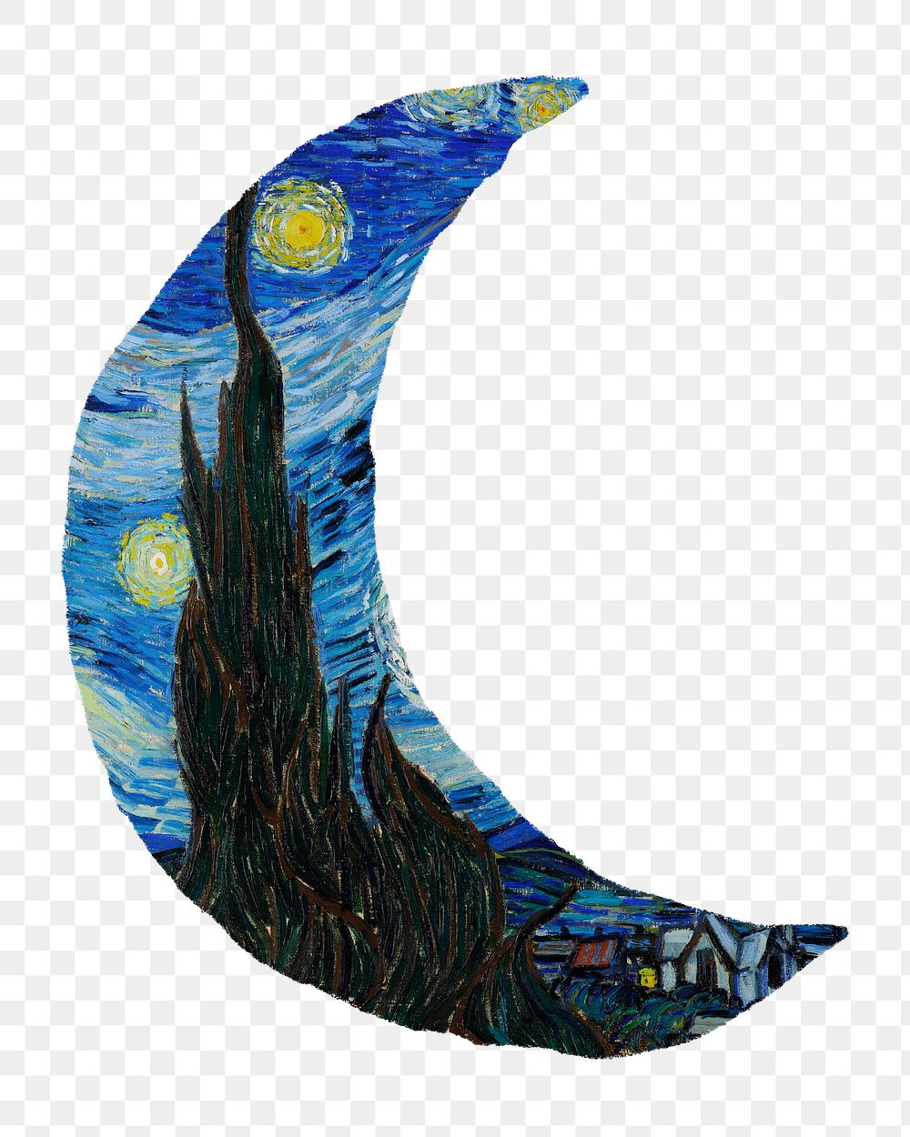 The Starry Night png Vincent Van Gogh's crescent moon shape sticker, transparent background, remixed by rawpixel