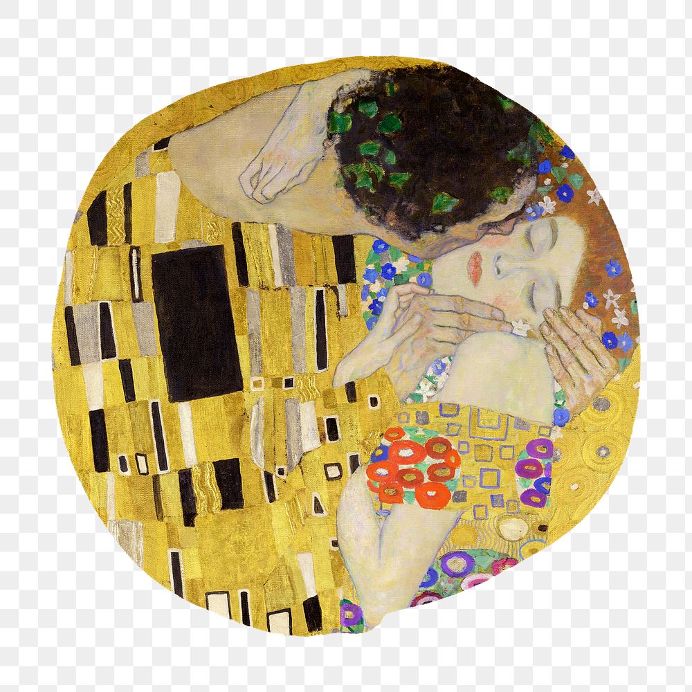 The Kiss png Gustav Klimt's famous painting sticker, transparent background, remixed by rawpixel