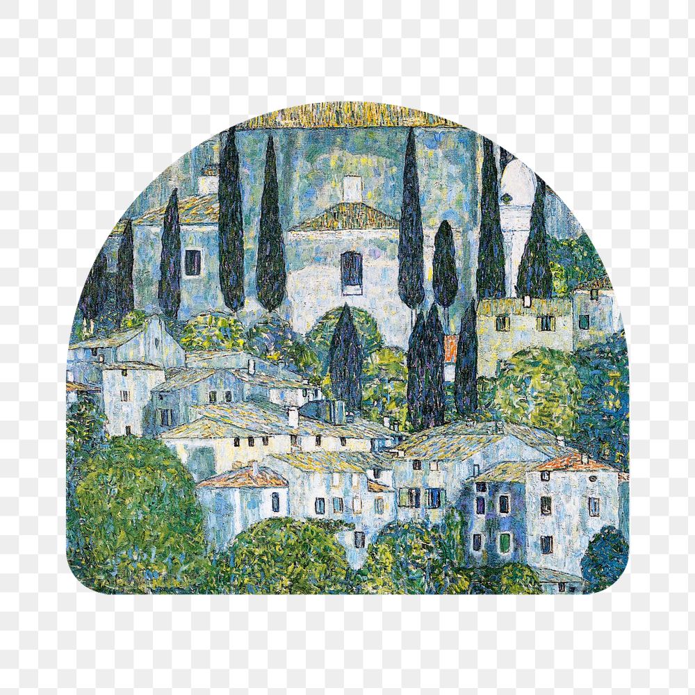 Famous painting png Gustav Klimt's Kirche in Cassone artwork sticker, transparent background, remixed by rawpixel