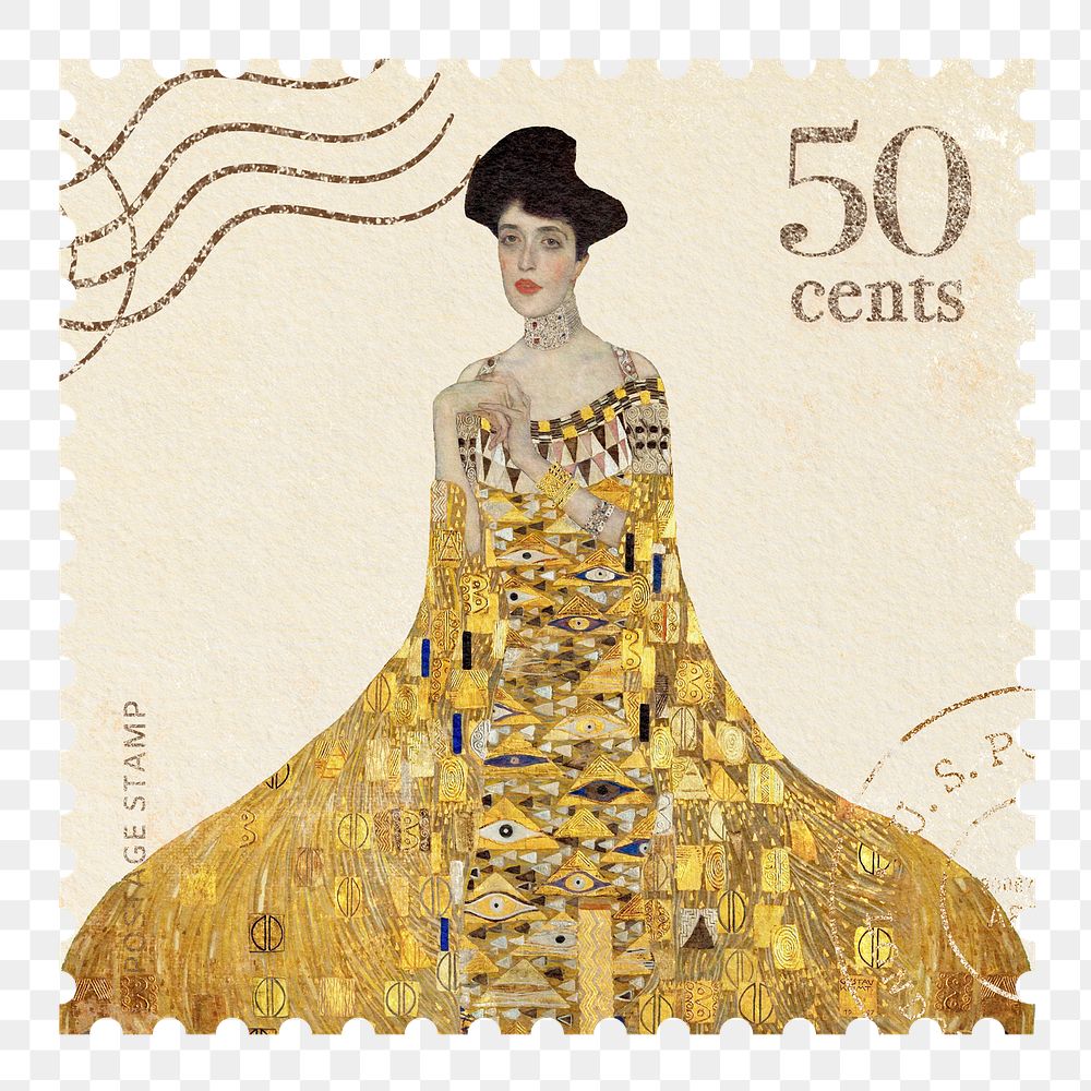 Postage stamp png Gustav Klimt's Portrait of Adele Bloch-Bauer I collage sticker, transparent background, remixed by rawpixel