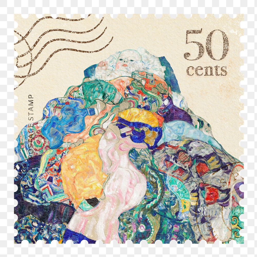 Postage stamp png Gustav Klimt's baby sticker, transparent background, remixed by rawpixel