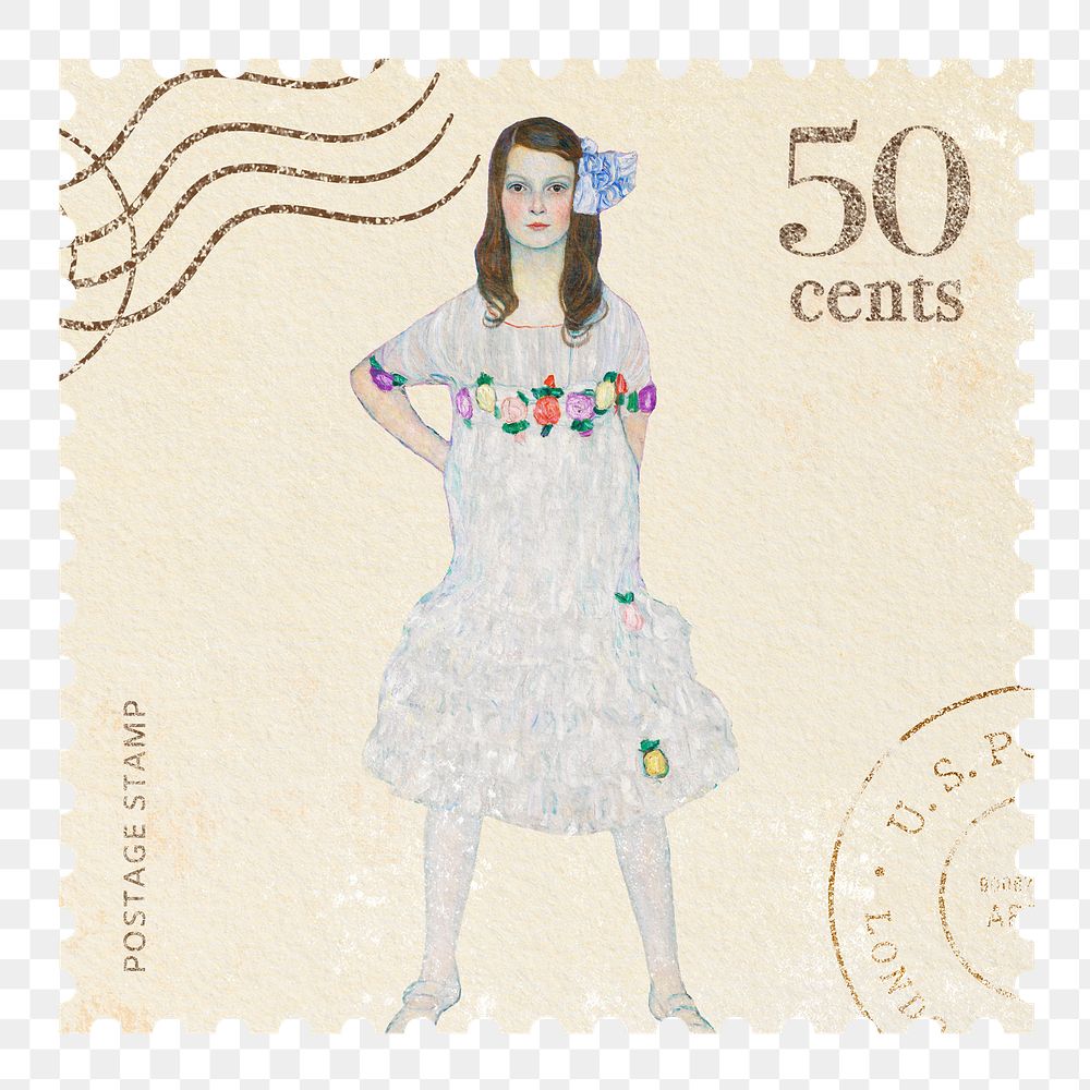 Postage stamp png Gustav Klimt's Mada Primavesi artwork sticker, transparent background, remixed by rawpixel