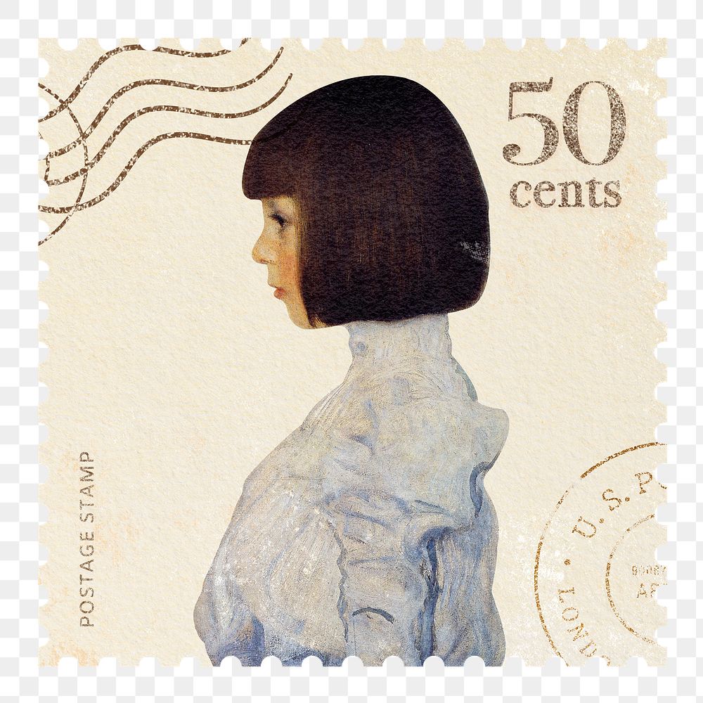 Gustav Klimt's png woman postage stamp sticker, transparent background, remixed by rawpixel