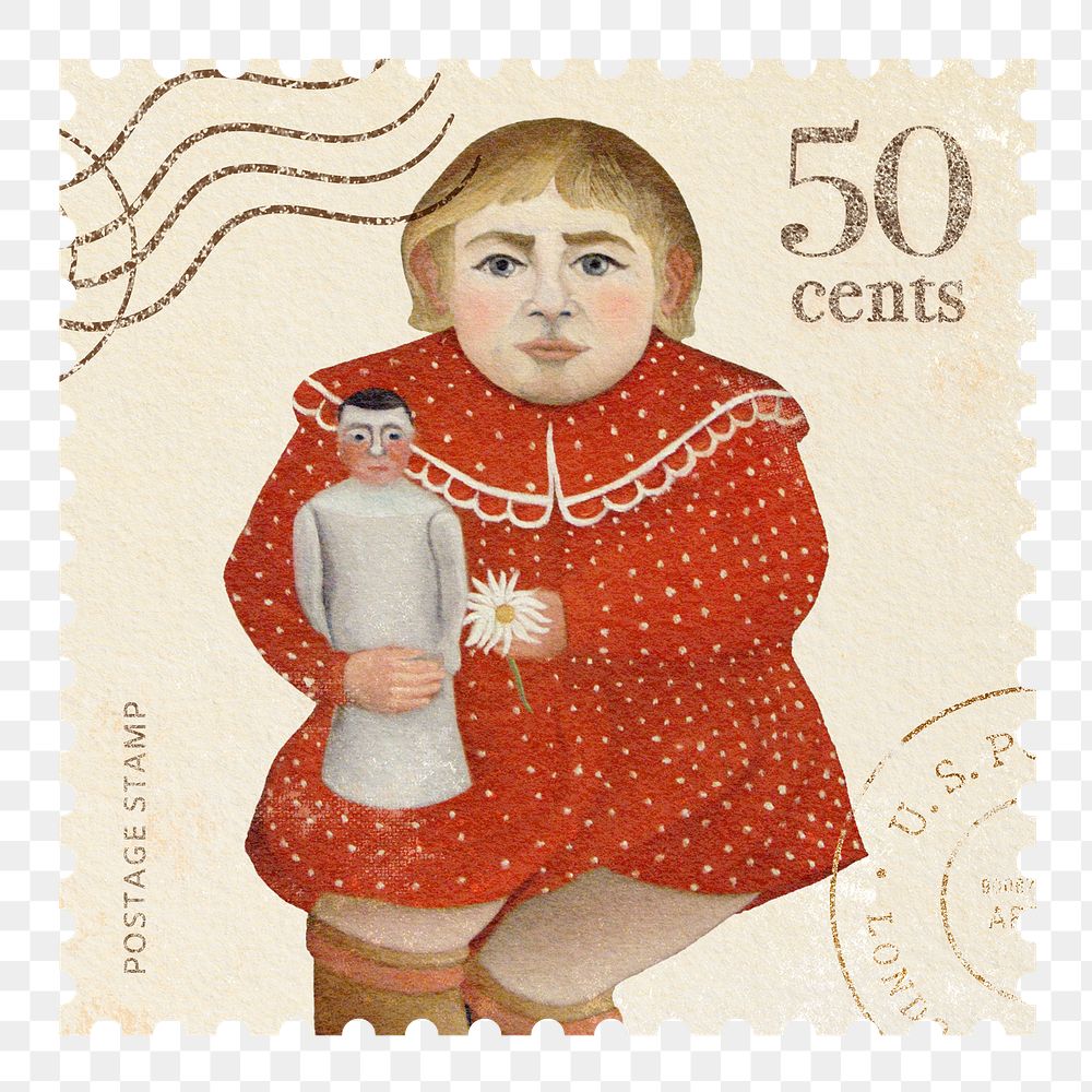 Child with Doll png postage stamp sticker, Henri Rousseau's illustration, transparent background, remixed by rawpixel