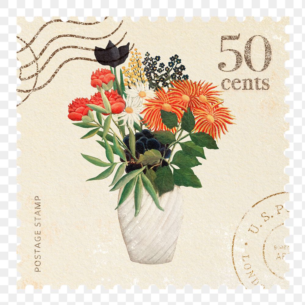 Flower vase png postage stamp sticker, Henri Rousseau's illustration, transparent background, remixed by rawpixel