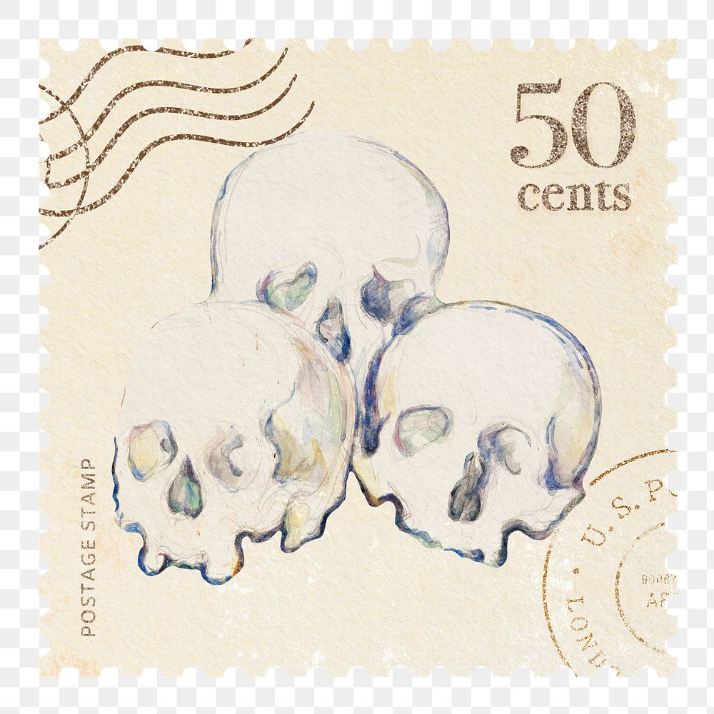 Paul C&eacute;zanne's skull png postage stamp sticker, transparent background, remixed by rawpixel