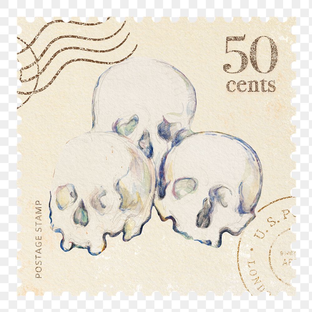 Paul Cézanne's skull png postage stamp sticker, transparent background, remixed by rawpixel