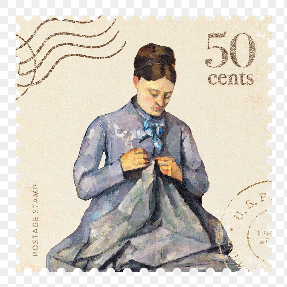 Paul Cezanne’s wife png postage stamp sticker, transparent background, remixed by rawpixel