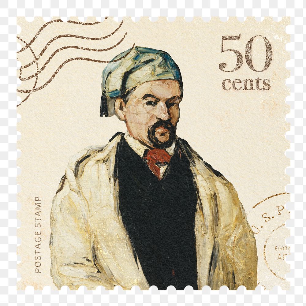 Cezanne&rsquo;s png Antoine Dominique Sauveur Aubert  postage stamp sticker, transparent background, remixed by rawpixel
