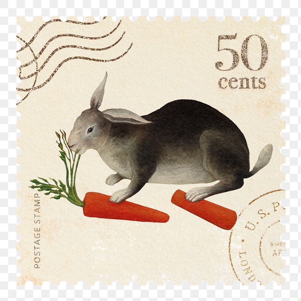 Rabbit's Meal png postage stamp sticker, Henri Rousseau's illustration, transparent background, remixed by rawpixel