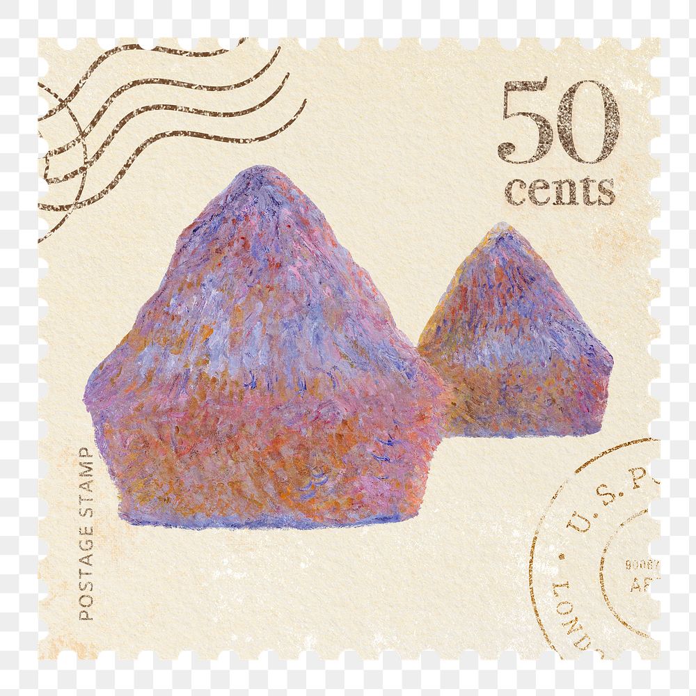 Monet's haystacks png postage stamp sticker, transparent background. Famous art remixed by rawpixel.