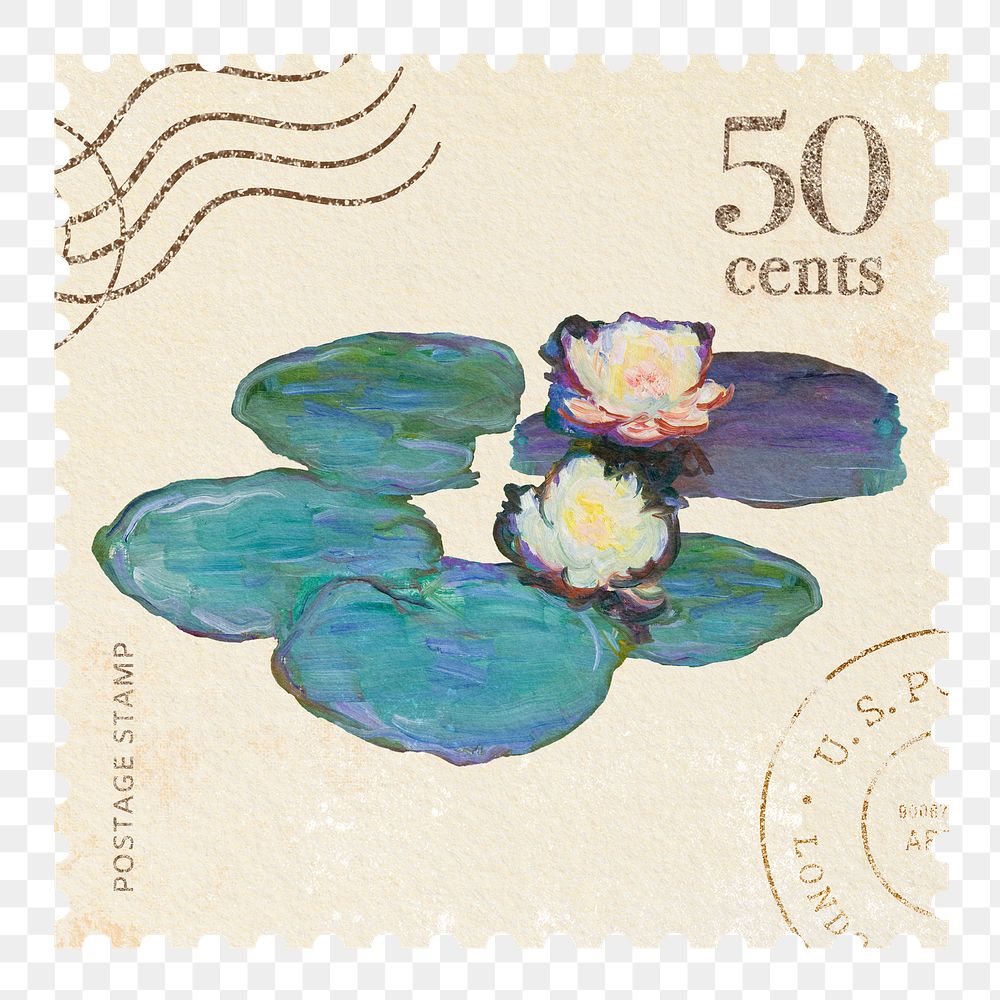 Monet's water lilies png postage stamp sticker, transparent background. Famous art remixed by rawpixel.