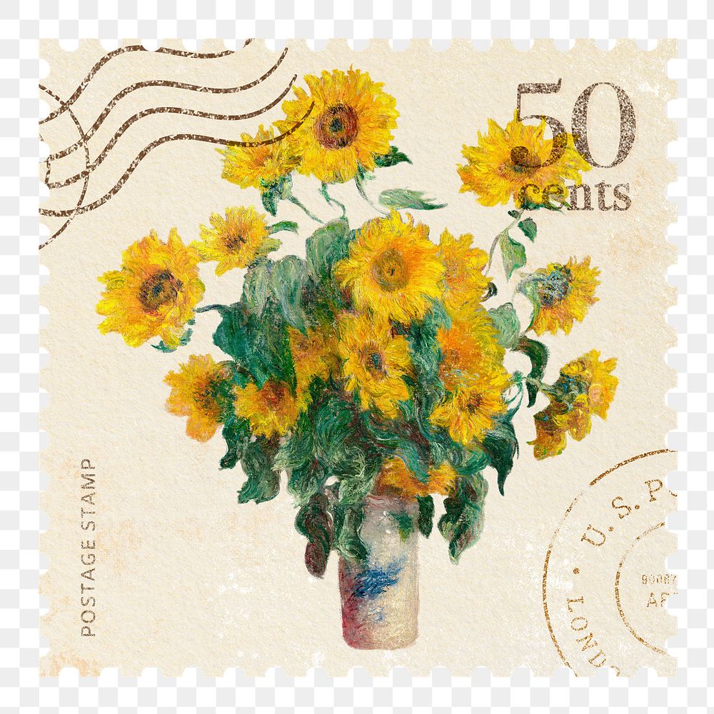 Monet's sunflowers png postage stamp sticker, transparent background. Famous art remixed by rawpixel.