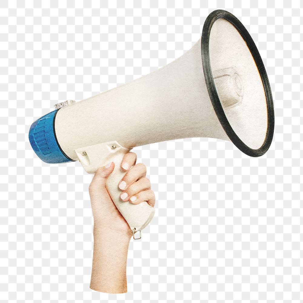 Hand holding megaphone png sticker, transparent background